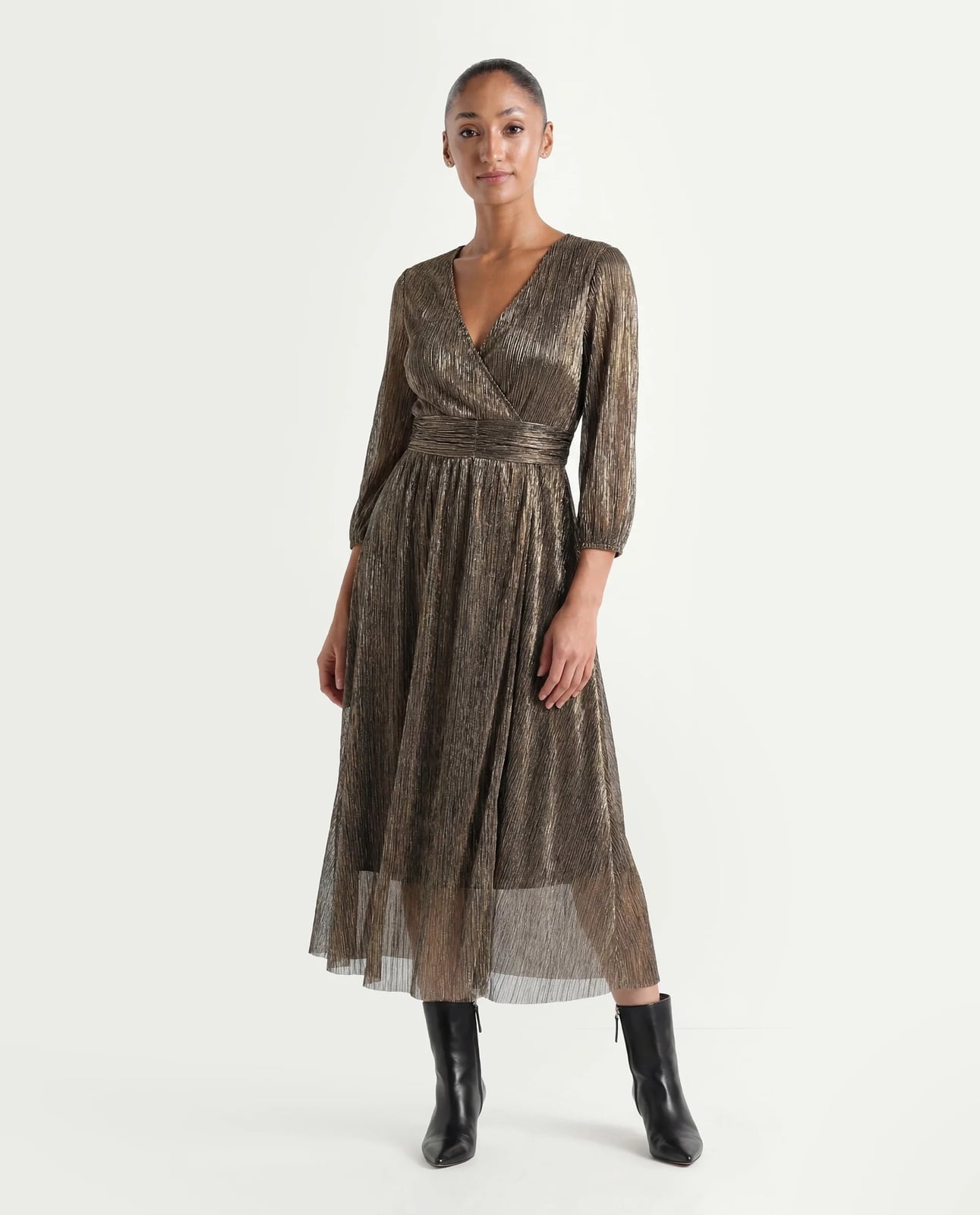 Gold Metallic Wrap Dress Party Outfit — Trendy Casual Party Outfit