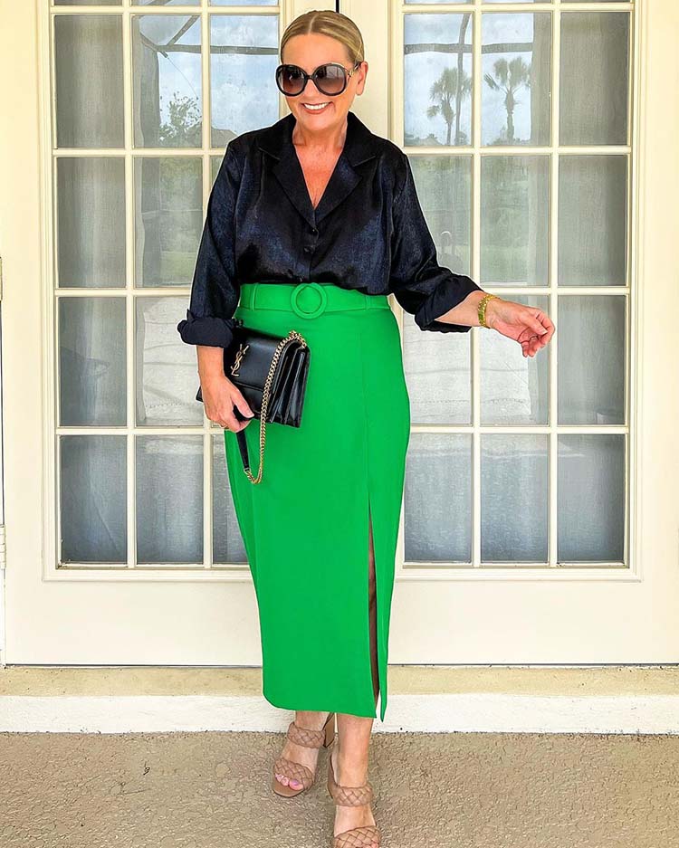 Black Satin Blouse with Bright Green High-Waisted Skirt Party Style — Trendy Casual Party Outfit