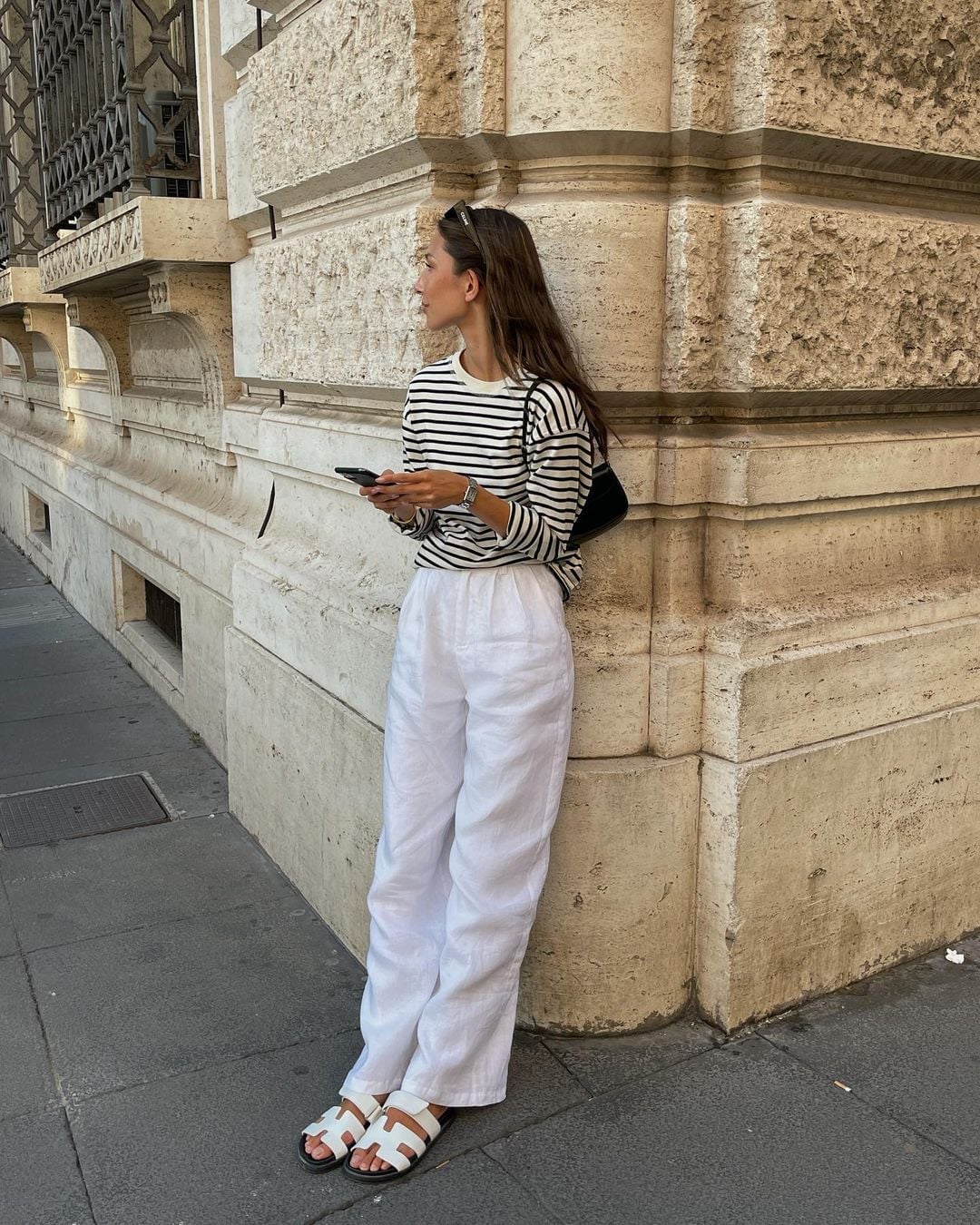 Striped Long-Sleeve Top with White Linen Trousers Casual Outfit — Trendy Casual Party Outfit