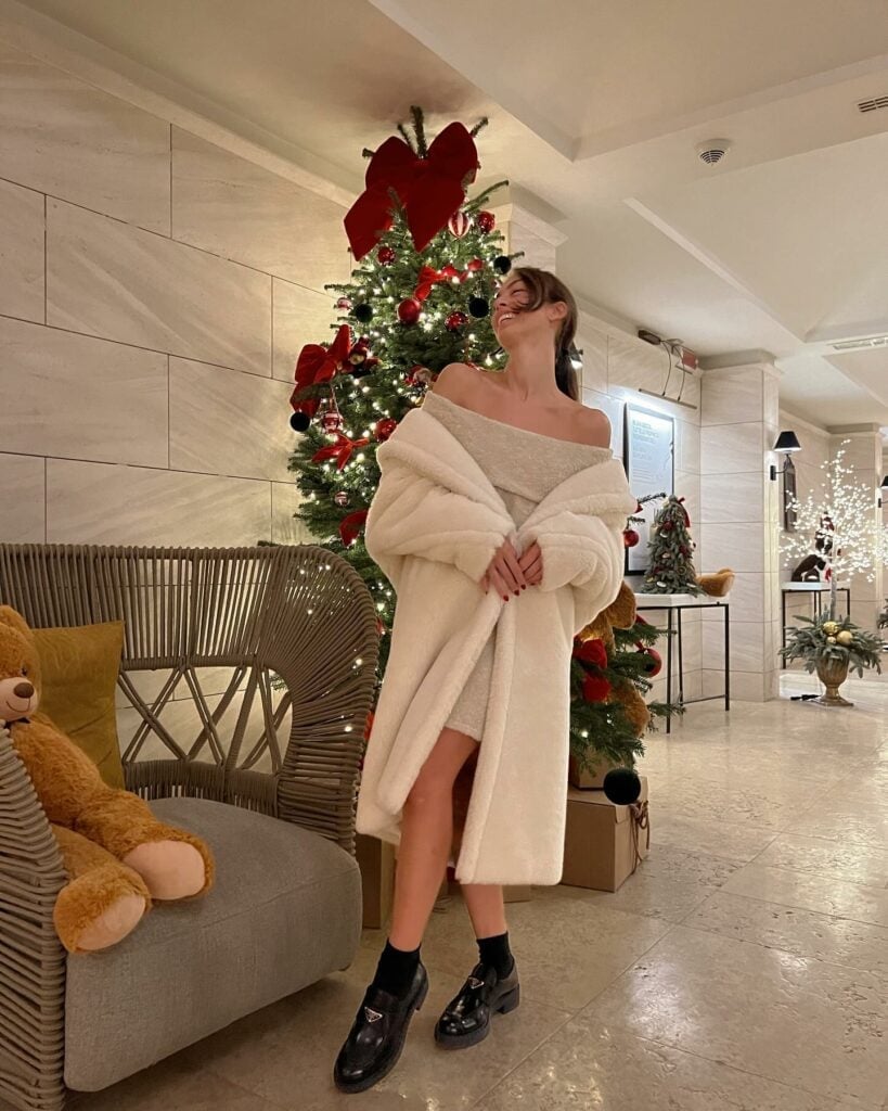 Gray Knit Dress with Cream Faux Fur Coat Casual Party Outfit — Trendy Casual Party Outfit