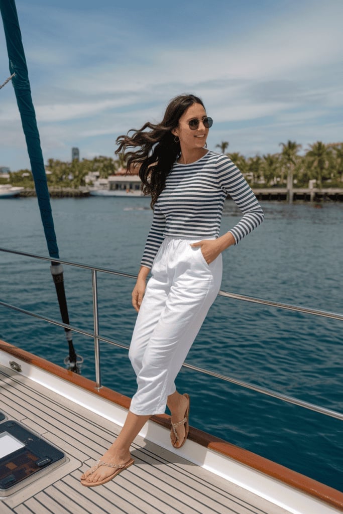 Striped Top with White Cropped Trousers Casual Outfit — Trendy Casual Party Outfit
