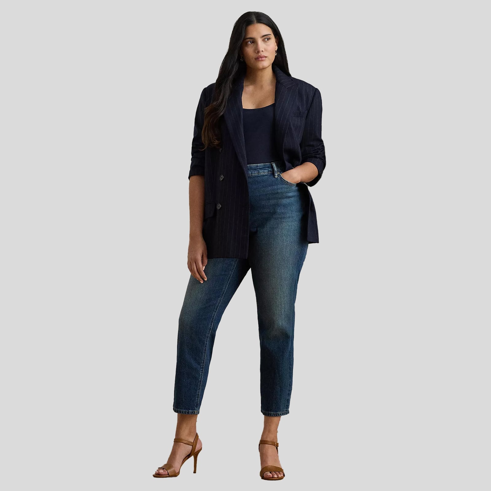 Pinstripe Blazer with Wide Leg Jeans Casual Party Style — Trendy Casual Party Outfit