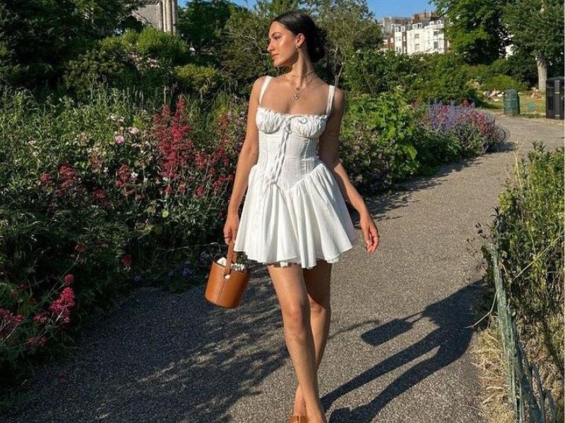 White Corset Bodice Mini Dress with Brown Sandals Casual Trendy Look — Trendy Casual Party Outfit