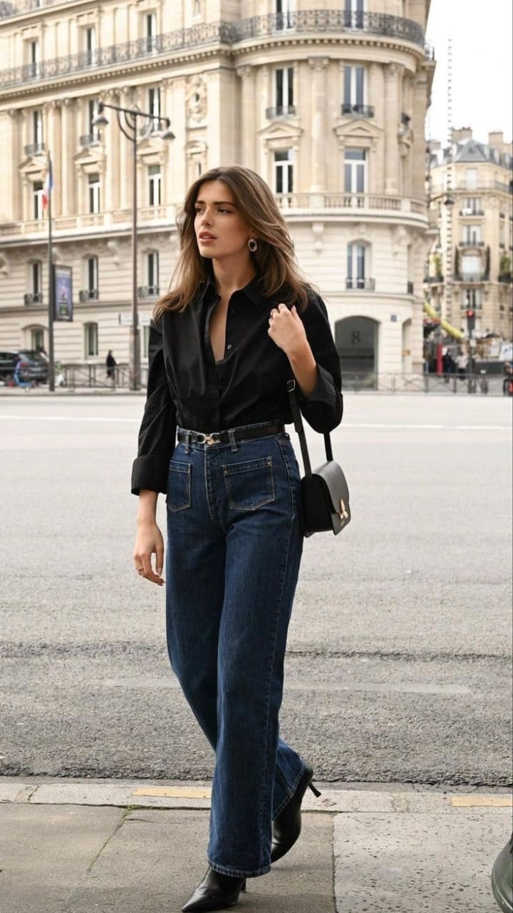 Collared Shirt with High-Waisted Wide-Leg Jeans Casual Party Style — Trendy Casual Party Outfit