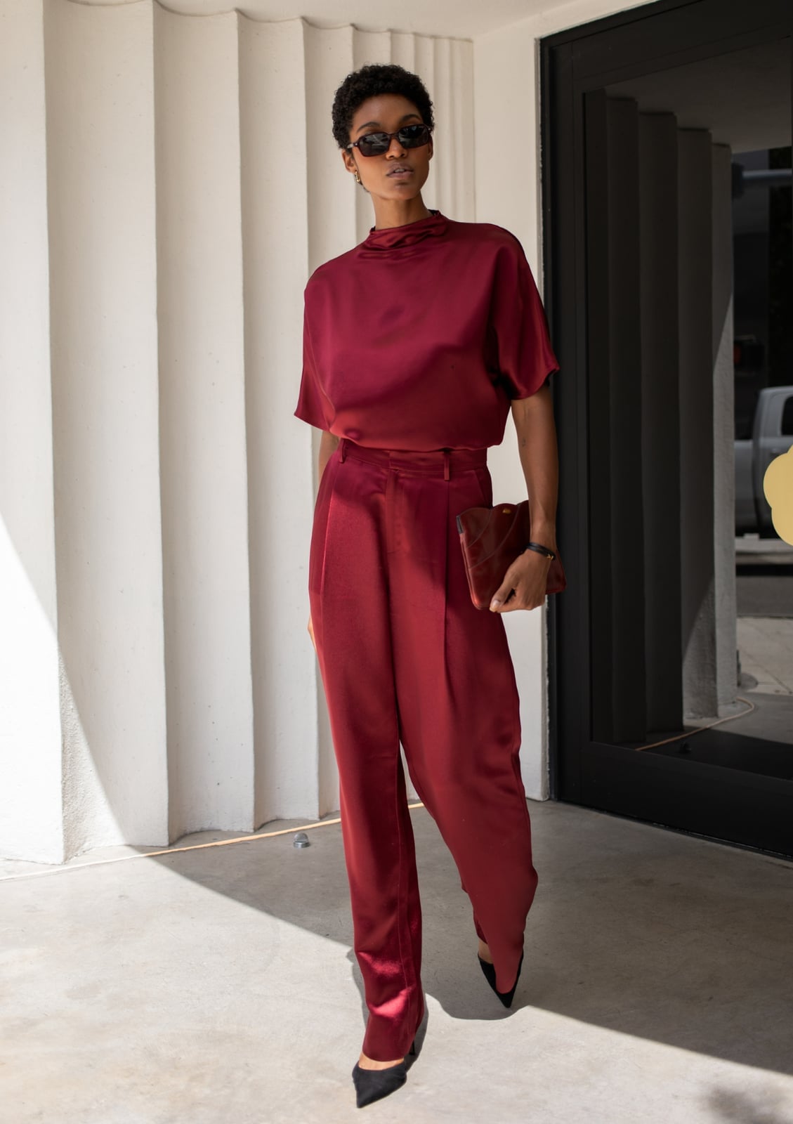 Deep Red Satin Top and Trousers Party Ensemble — Trendy Casual Party Outfit