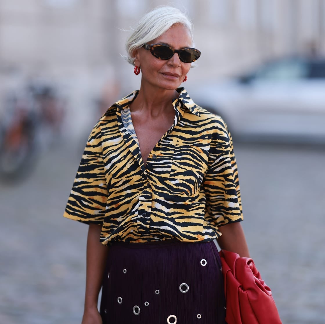 Tiger Print Shirt with Purple Pleated Skirt Party, Close-Up Take — Trendy Casual Party Outfit