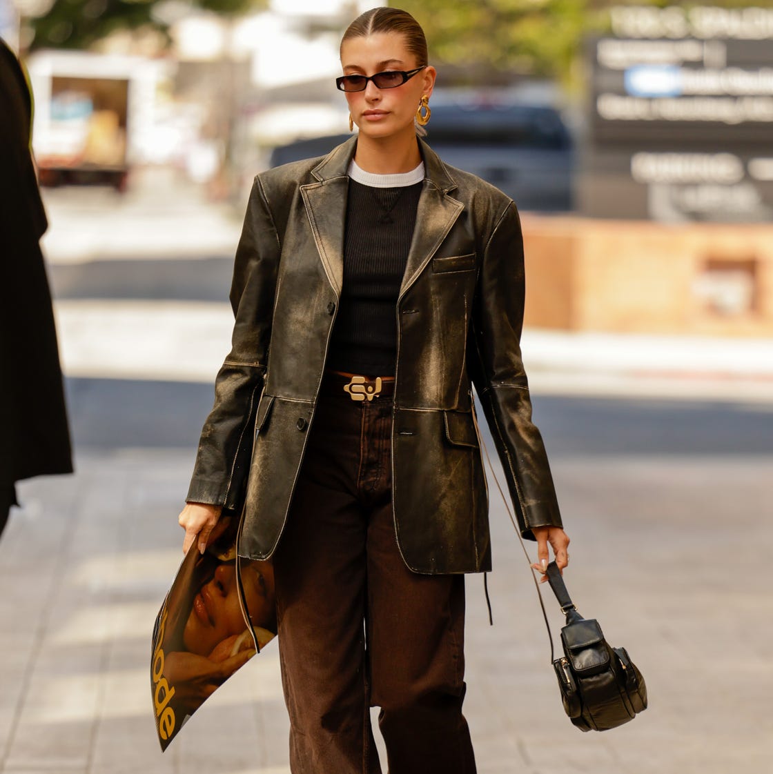 Distressed Brown Leather Blazer with Knit Top and Trousers — Trendy Chocolate Outfits