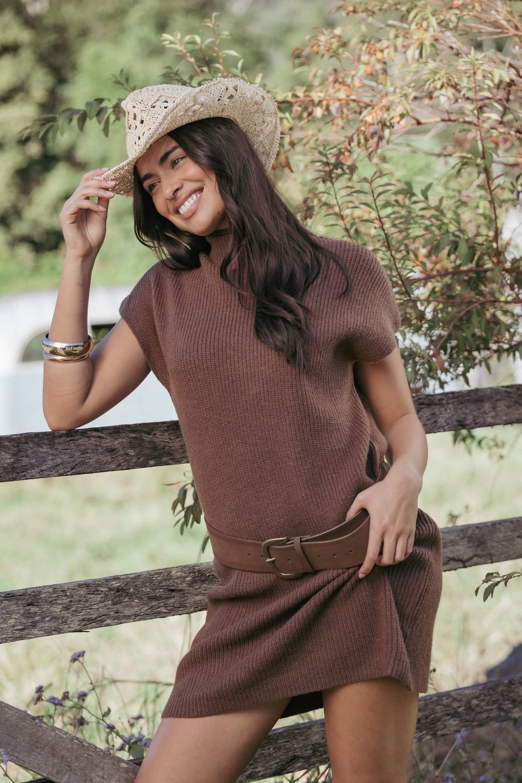 Chocolate Brown Ribbed Knit Mini Dress with Belt — Trendy Chocolate Outfits