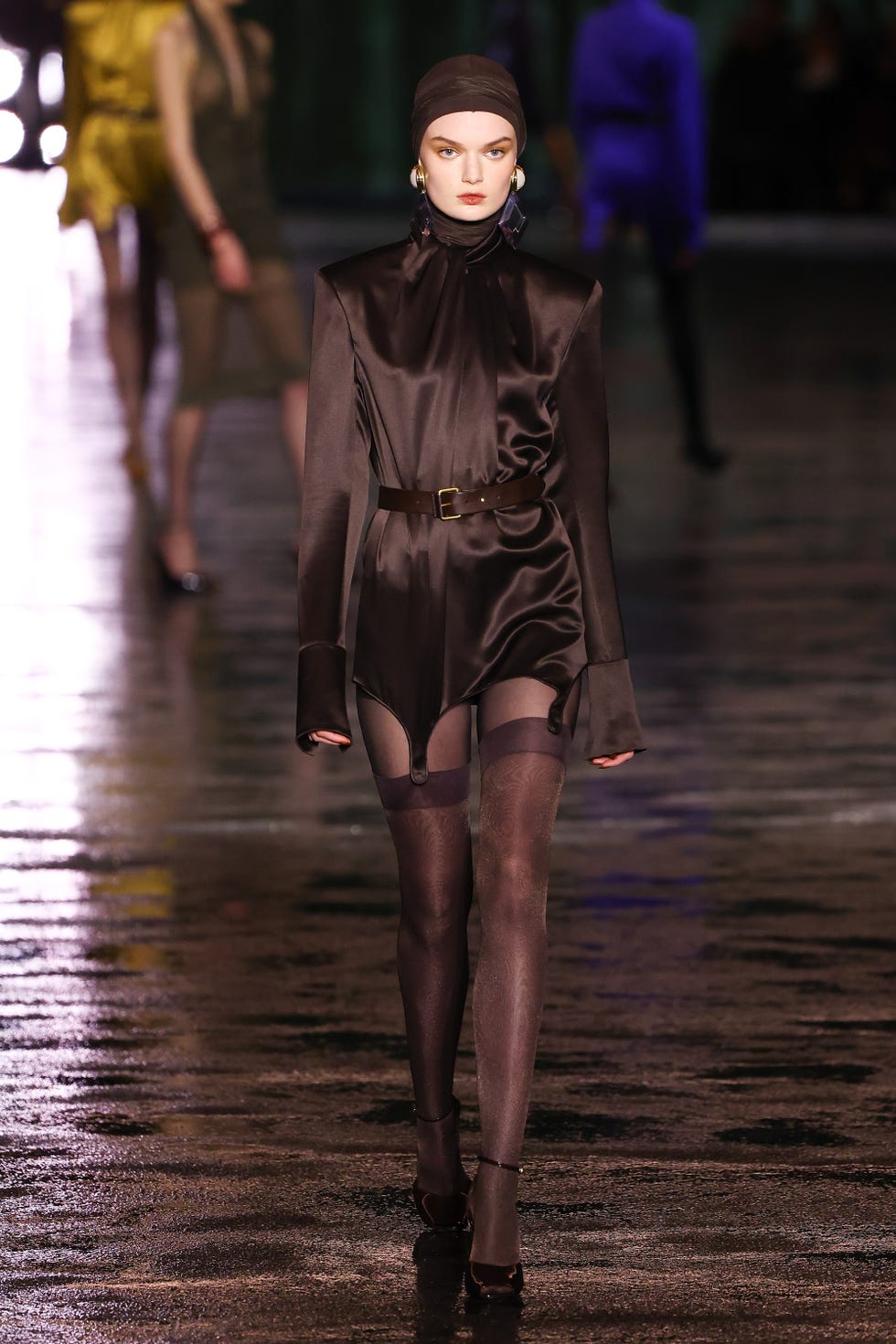 Monochromatic Deep Brown Satin Top with Garters — Trendy Chocolate Outfits