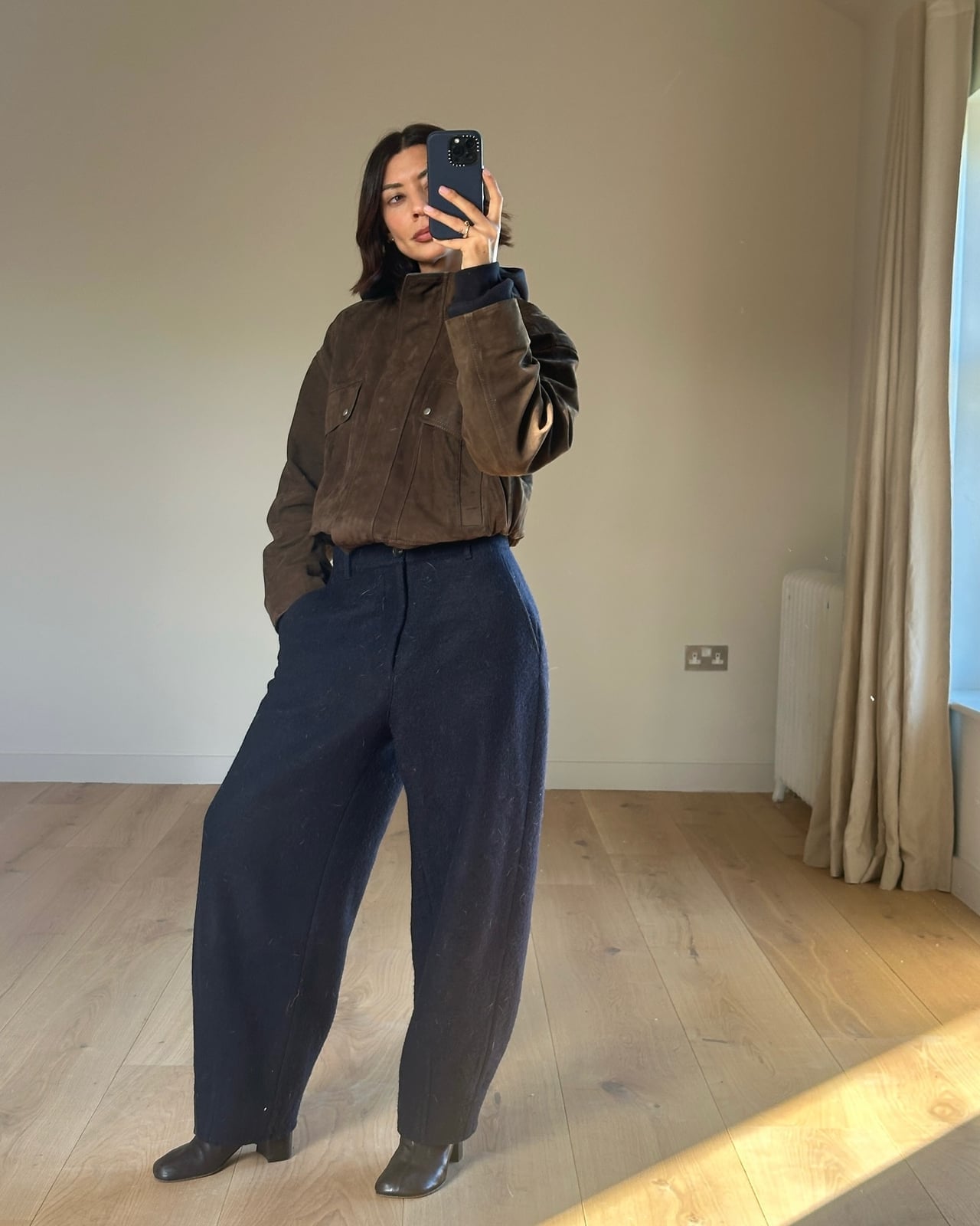 Brown Suede Bomber Jacket with Hoodie and Trousers — Trendy Chocolate Outfits