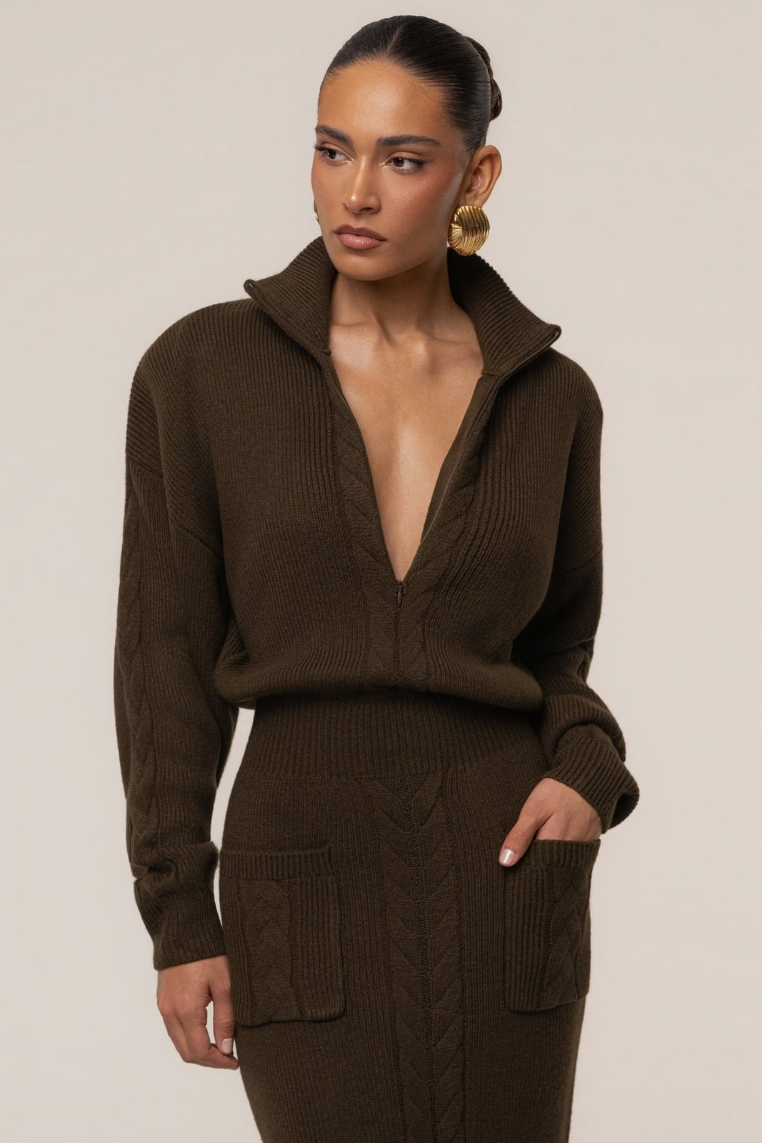 Brown Cable Knit Zip-Up Sweater and Skirt Set — Trendy Chocolate Outfits