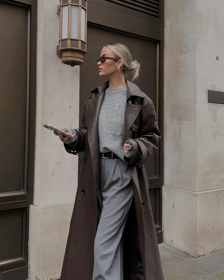 Long Brown Leather Trench Coat with Gray Knitwear — Trendy Chocolate Outfits