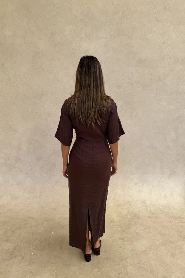 Dark Brown Linen Midi Dress with Front Slit — Trendy Chocolate Outfits