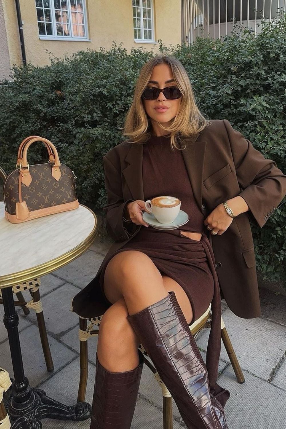 Monochromatic Chocolate Brown Dress with Oversized Blazer — Trendy Chocolate Outfits