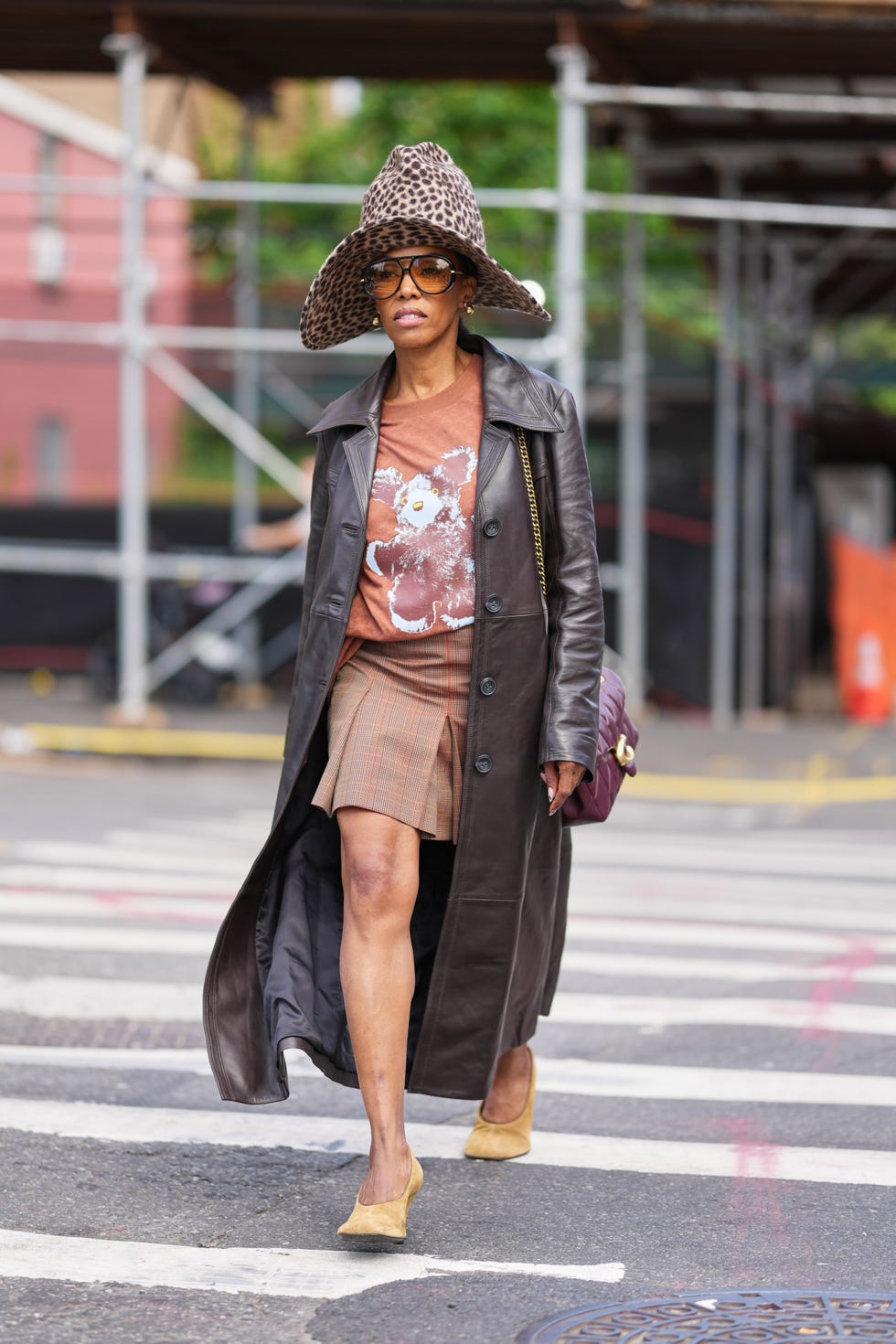 Dark Brown Leather Trench Coat and Plaid Mini Skirt — Trendy Chocolate Outfits