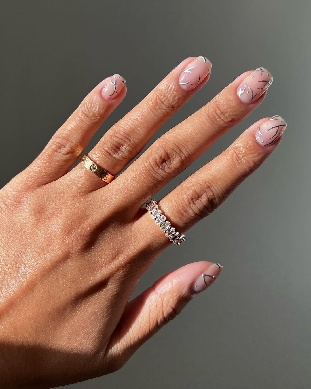 Silver Lines and Dots Medium Square Nails — Trendy Clean Girl Nails