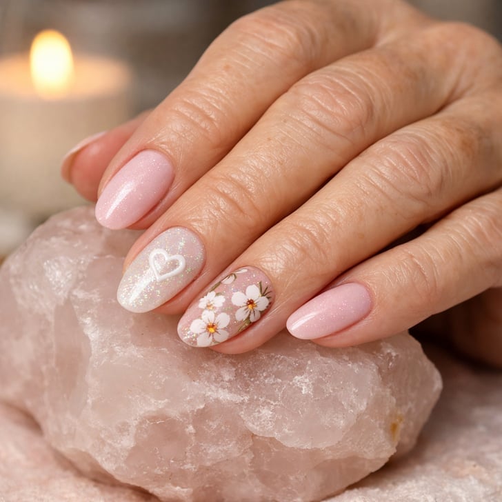 Pale Pink Heart and Floral Art Nails — Trendy Clean Girl Nails