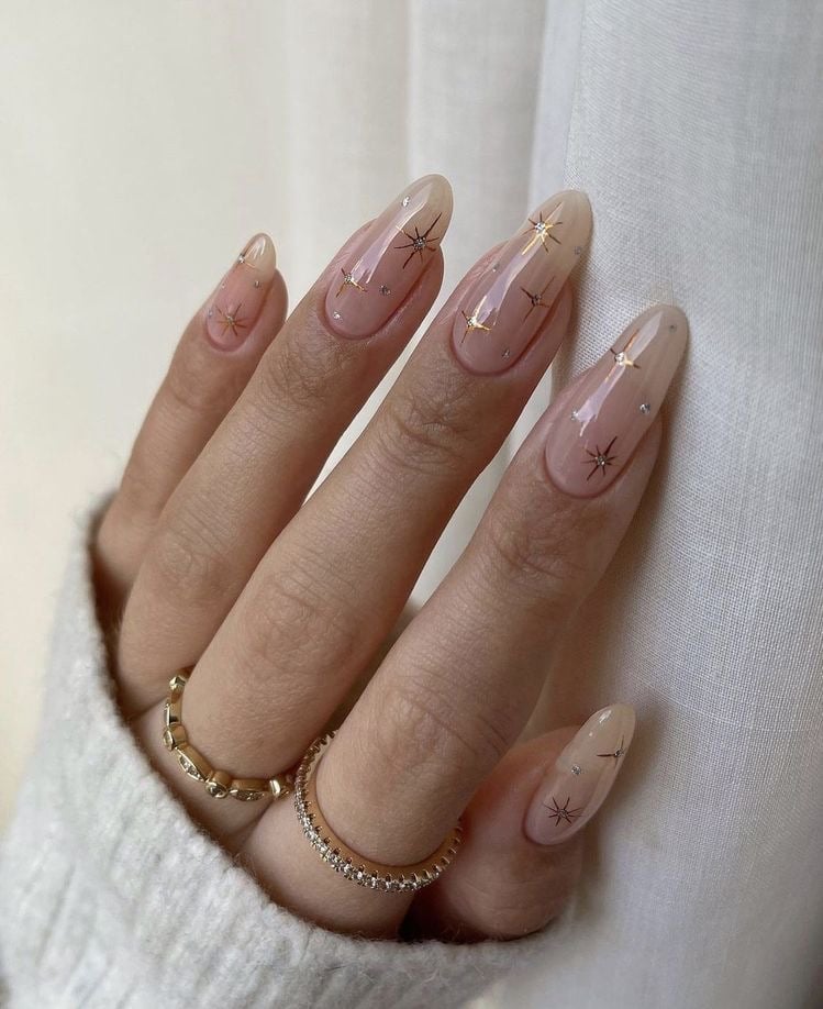 Gold Star Decals and Rhinestones Medium Almond Nails — Trendy Clean Girl Nails