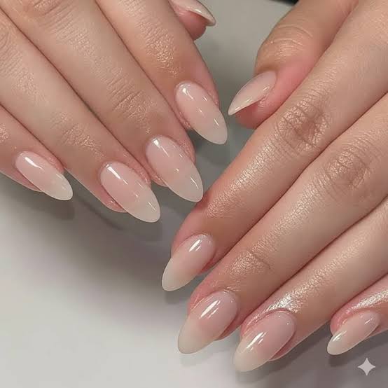 Sheer Nude Gradient Medium Almond Nails — Trendy Clean Girl Nails