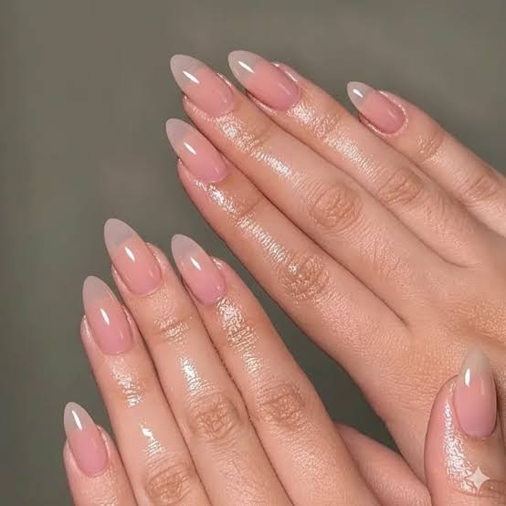 Sheer Nude Pink White Gradient Almond Nails — Trendy Clean Girl Nails