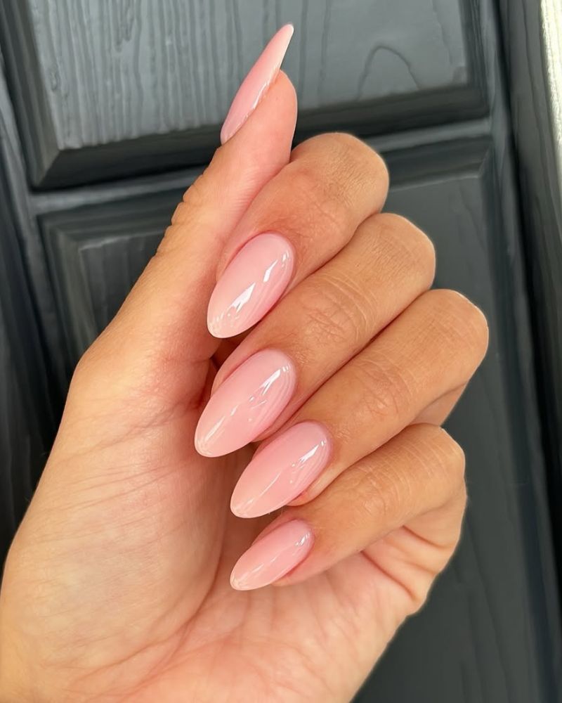 Sheer Milky Pink Nude Short Almond Nails — Trendy Clean Girl Nails