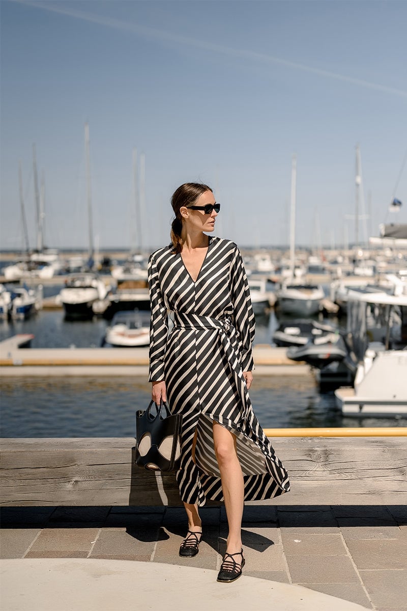 Black and White Striped Satin Wrap Dress Black and White Striped Satin Wrap Dress — Trendy Coastal Outfits