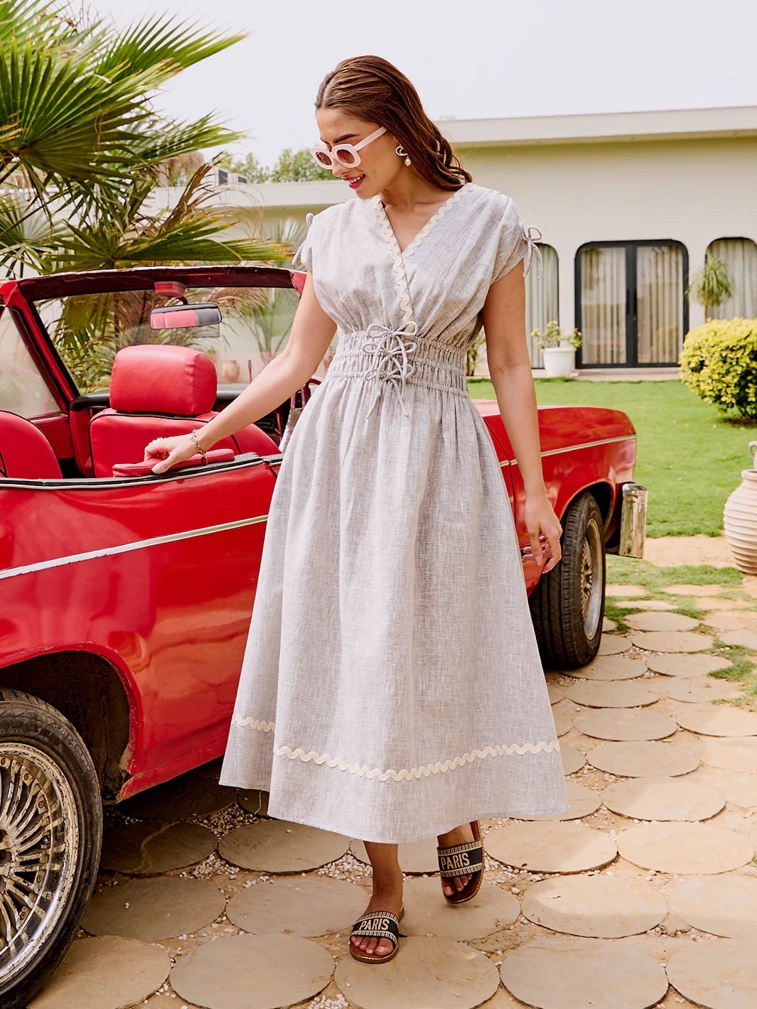 Light Gray Midi Dress with Scalloped Lace Trim Light Gray Midi Dress with Scalloped Lace Trim — Trendy Coastal Outfits