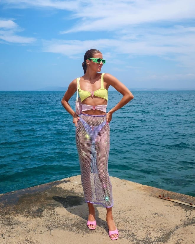 Yellow Bikini Top with Sheer Sparkly Pink Maxi Skirt Yellow Bikini Top with Sheer Sparkly Pink Maxi Skirt — Trendy Coastal Outfits