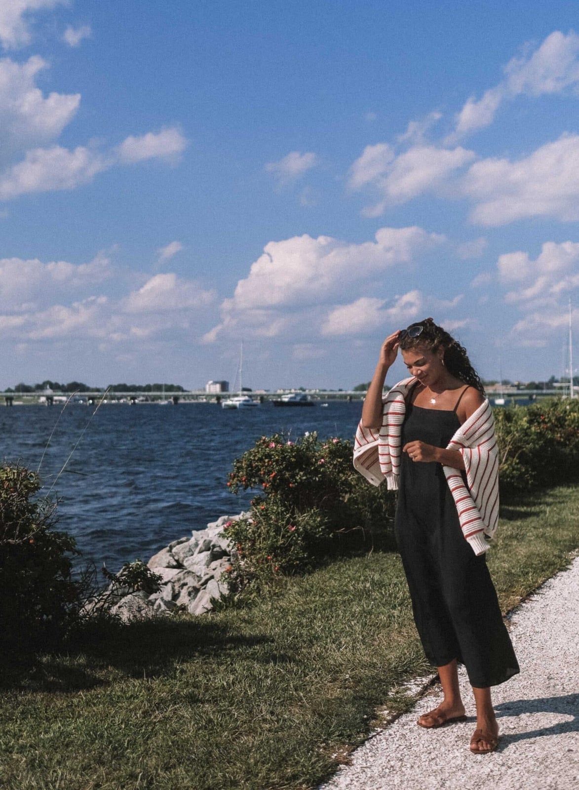 Black Wide-Leg Jumpsuit with Striped Cardigan Black Wide-Leg Jumpsuit with Striped Cardigan — Trendy Coastal Outfits