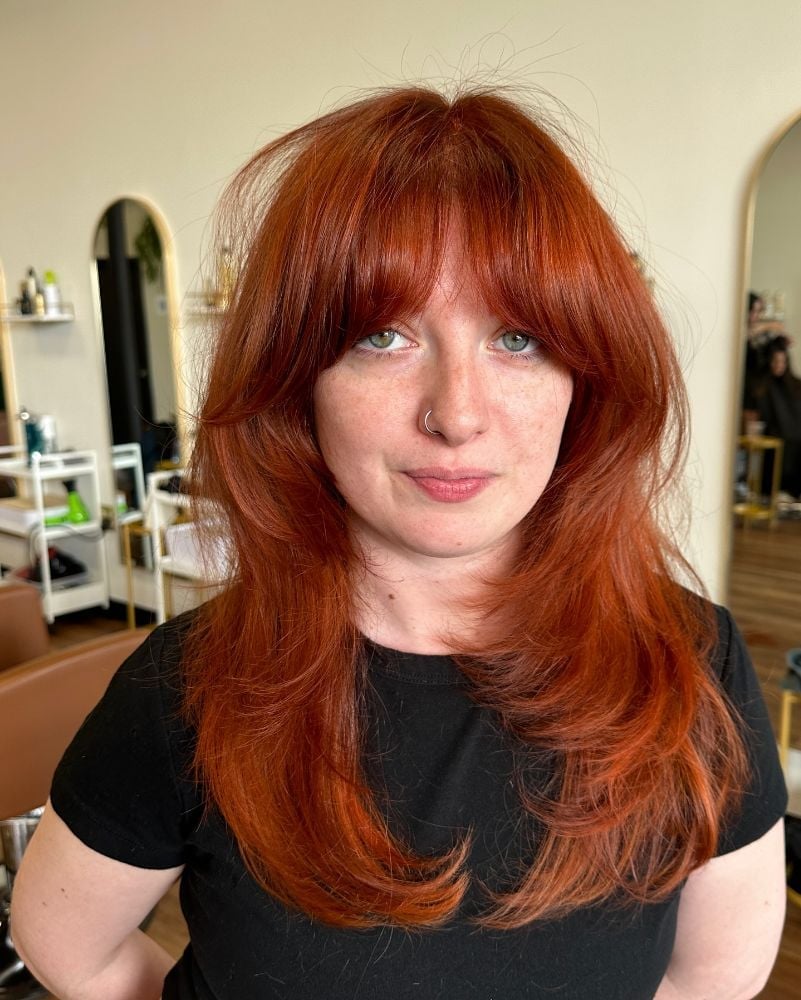 Deep Red Copper Mid-Back With Full Bangs Deep Red Copper Mid-Back With Full Bangs — Trendy Copper Hair