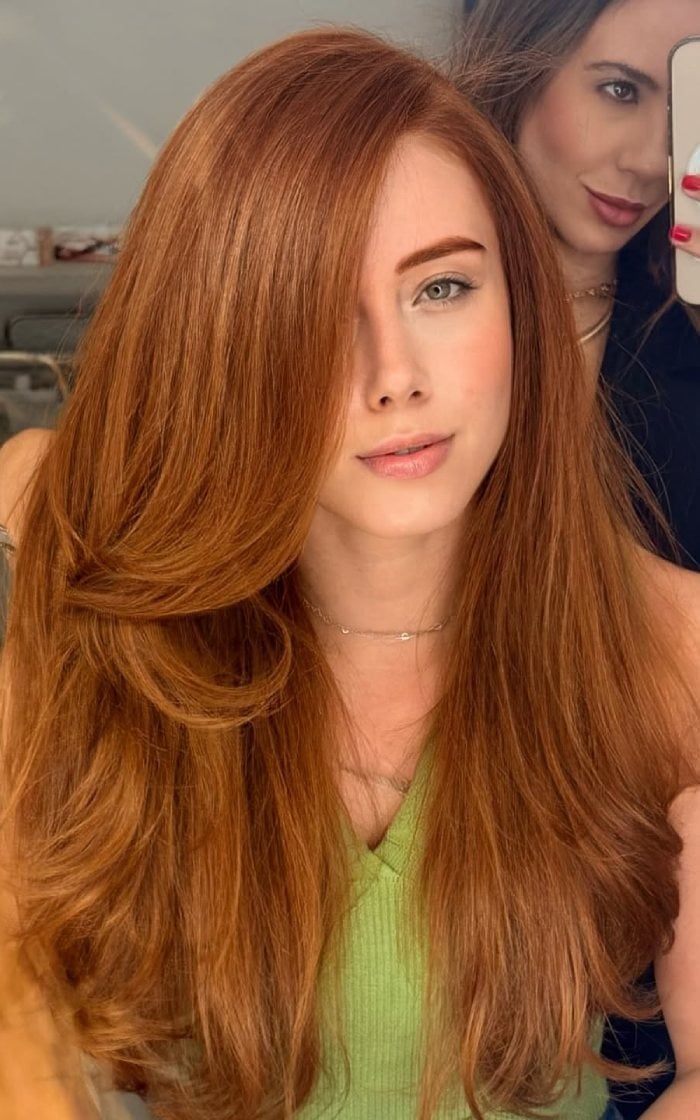 True Copper Mid-Back With Curtain Bangs True Copper Mid-Back With Curtain Bangs — Trendy Copper Hair