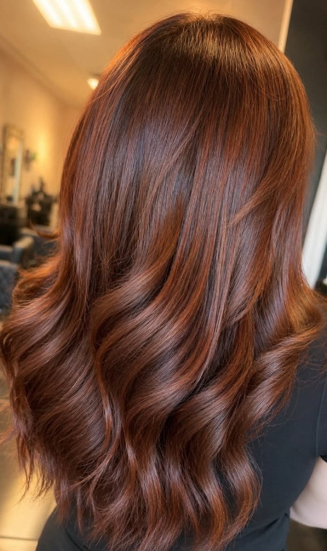 Rich Copper Mid-Back Layers With Waves Rich Copper Mid-Back Layers With Waves — Trendy Copper Hair