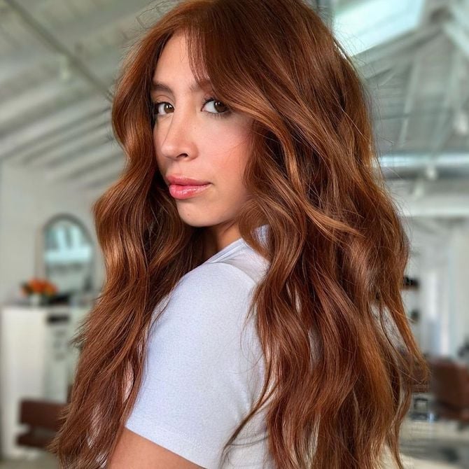 Soft Copper Mid-Back Waves With Dimension Soft Copper Mid-Back Waves With Dimension — Trendy Copper Hair