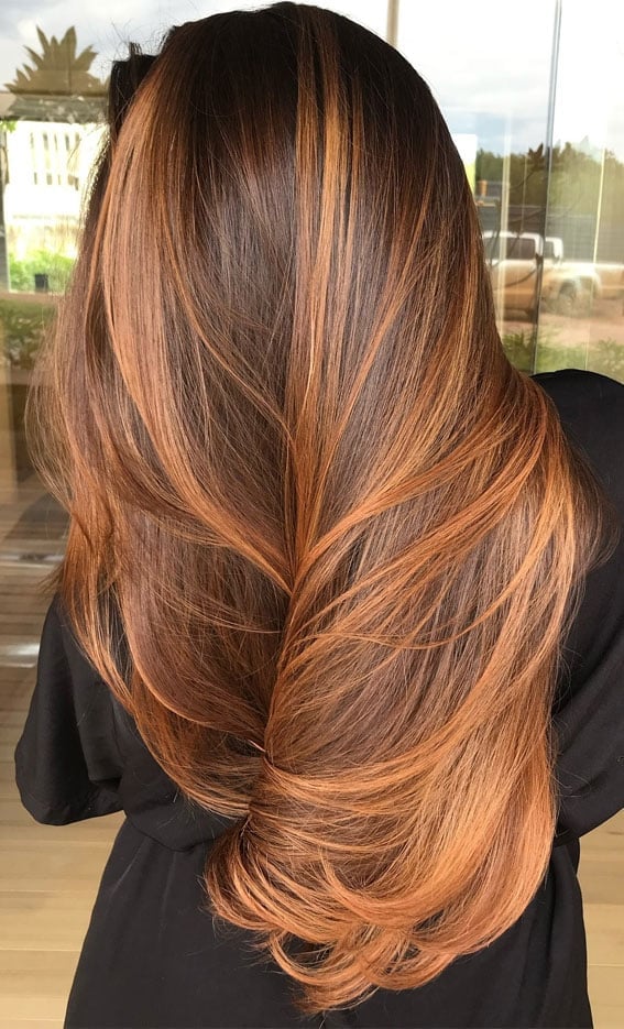 Dark Brown With Copper Balayage Mid-Back Dark Brown With Copper Balayage Mid-Back — Trendy Copper Hair