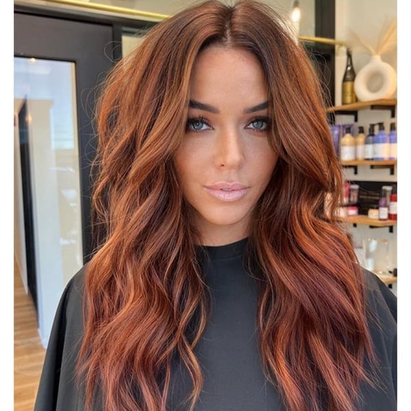 Auburn With Copper Dimension Mid-Back Waves and Wavy Thick Auburn With Copper Dimension Mid-Back Waves and Wavy Thick — Trendy Copper Hair