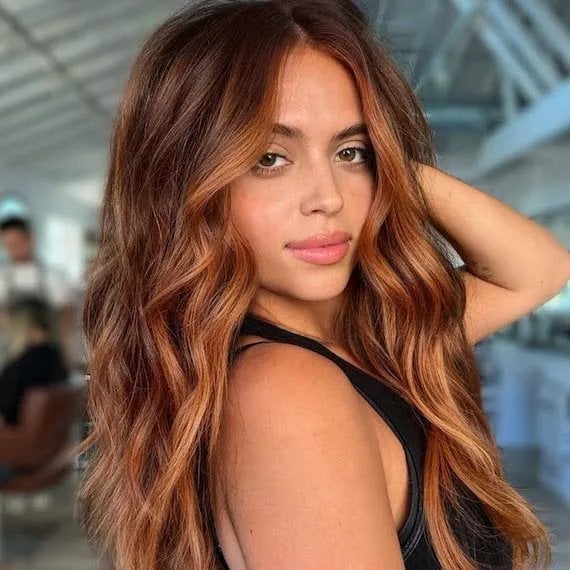 Copper Balayage Collarbone With Curtain Bangs Copper Balayage Collarbone With Curtain Bangs — Trendy Copper Hair