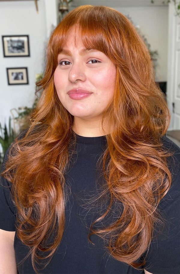 Warm Copper Shag With Rounded Fringe Warm Copper Shag With Rounded Fringe — Trendy Copper Hair