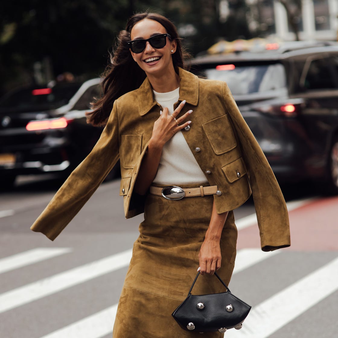 Tan Suede Jacket and Matching Corduroy Skirt Set With Brown Loafers — Trendy Corduroy Skirt Outfit