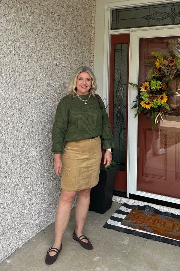 Tan Corduroy Mini Skirt with Chunky Green Sweater — Trendy Corduroy Skirt Outfit