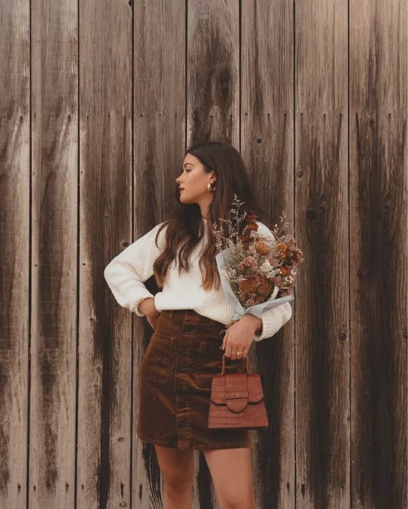Brown Corduroy Mini Skirt with Cable Knit Sweater and Ankle Boots — Trendy Corduroy Skirt Outfit