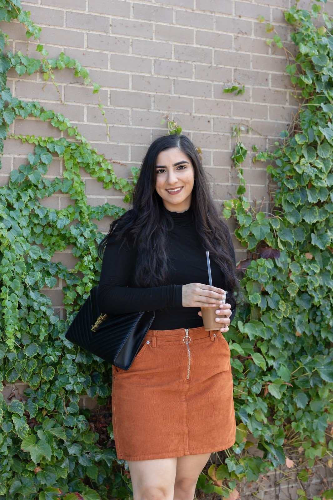 Orange Corduroy A-Line Skirt with Black Turtleneck — Trendy Corduroy Skirt Outfit