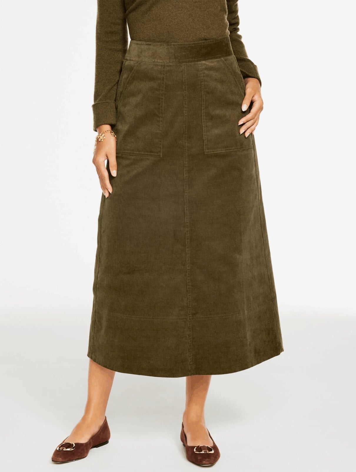 Olive Green Corduroy Skirt with Front Pockets and Gold Bracelet — Trendy Corduroy Skirt Outfit