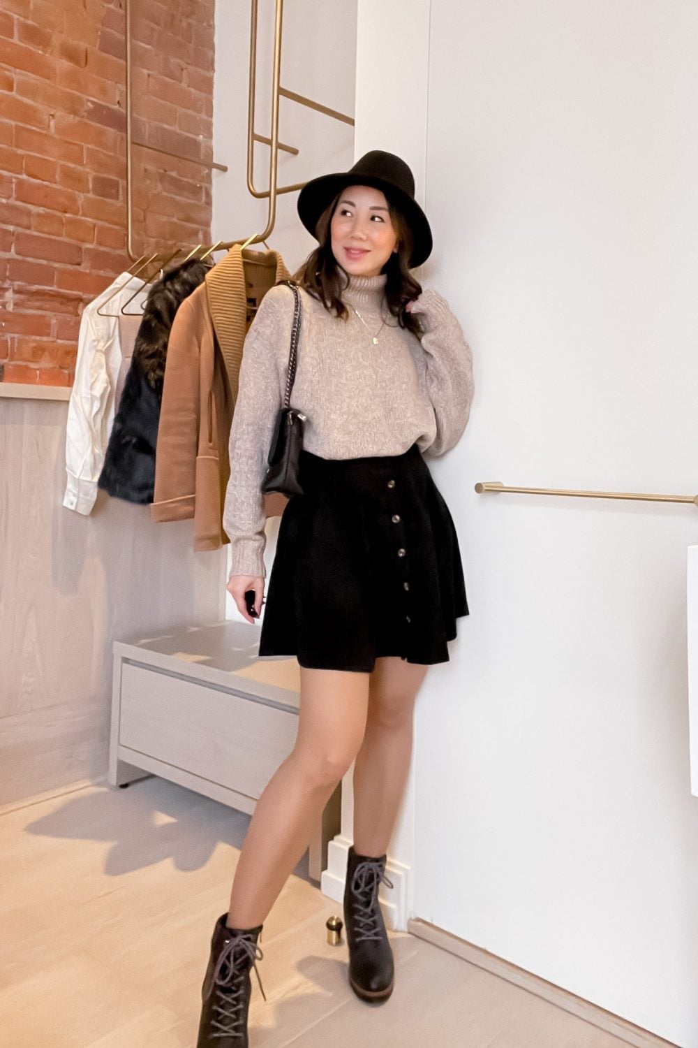 Black Corduroy Mini Skirt with Buttons and Lace-Up Boots — Trendy Corduroy Skirt Outfit