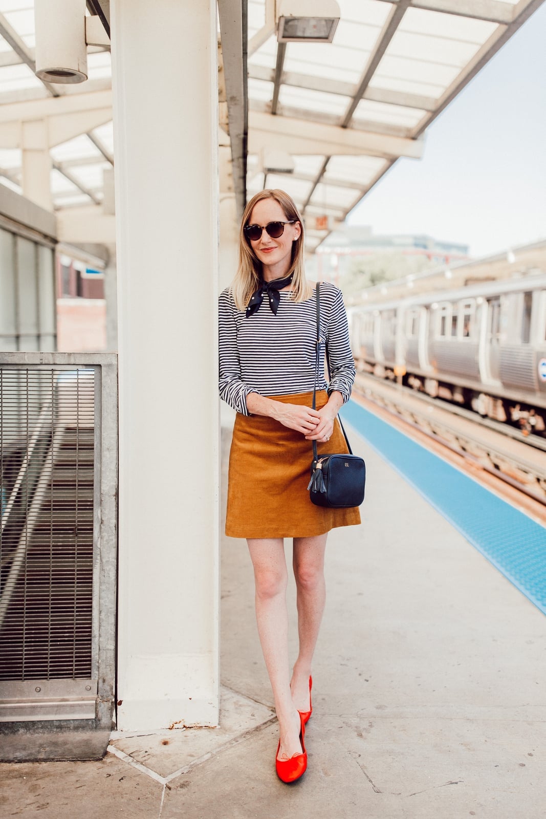 Ochre Corduroy Mini Skirt with Striped Top and Red Heels — Trendy Corduroy Skirt Outfit