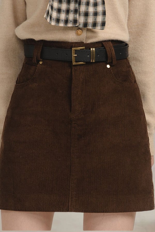 Brown Corduroy A-Line Skirt with Black Belt and Beige Cardigan — Trendy Corduroy Skirt Outfit
