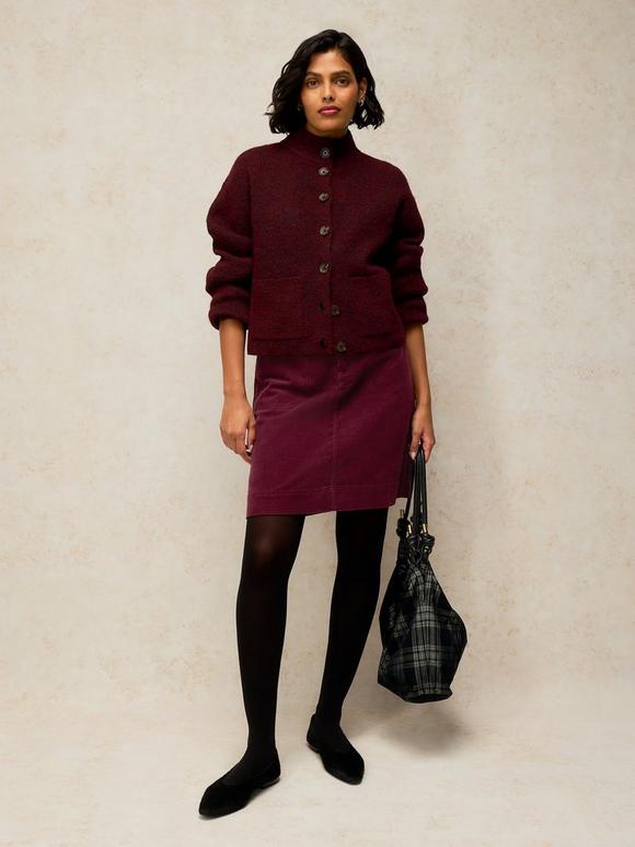 Burgundy Corduroy Mini Skirt with Matching Cardigan and Black Tights — Trendy Corduroy Skirt Outfit