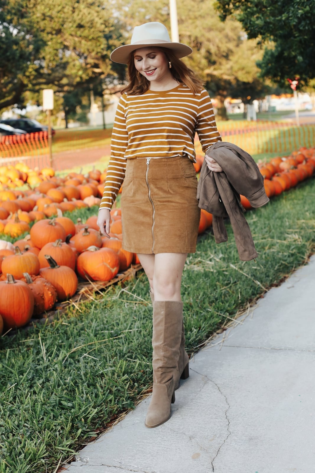 Brown Corduroy Mini Skirt with Striped Top and Knee-High Boots — Trendy Corduroy Skirt Outfit