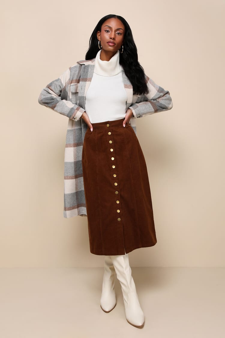 Brown Corduroy Button-Front Midi Skirt with Plaid Coat — Trendy Corduroy Skirt Outfit