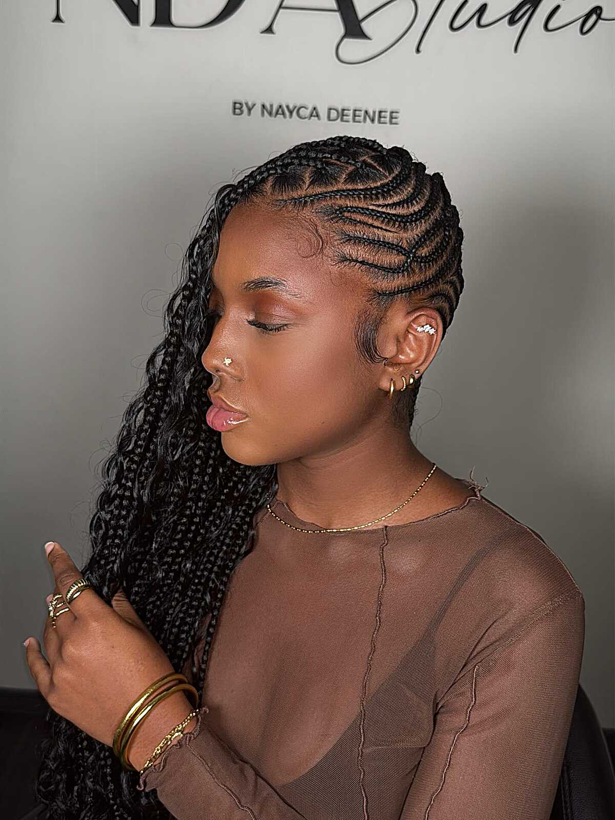 Mid-Back Cornrows With Curved Pattern And Curly Ends Mid-Back Cornrows With Curved Pattern And Curly Ends — Trendy Cornrows Braids for Black Women