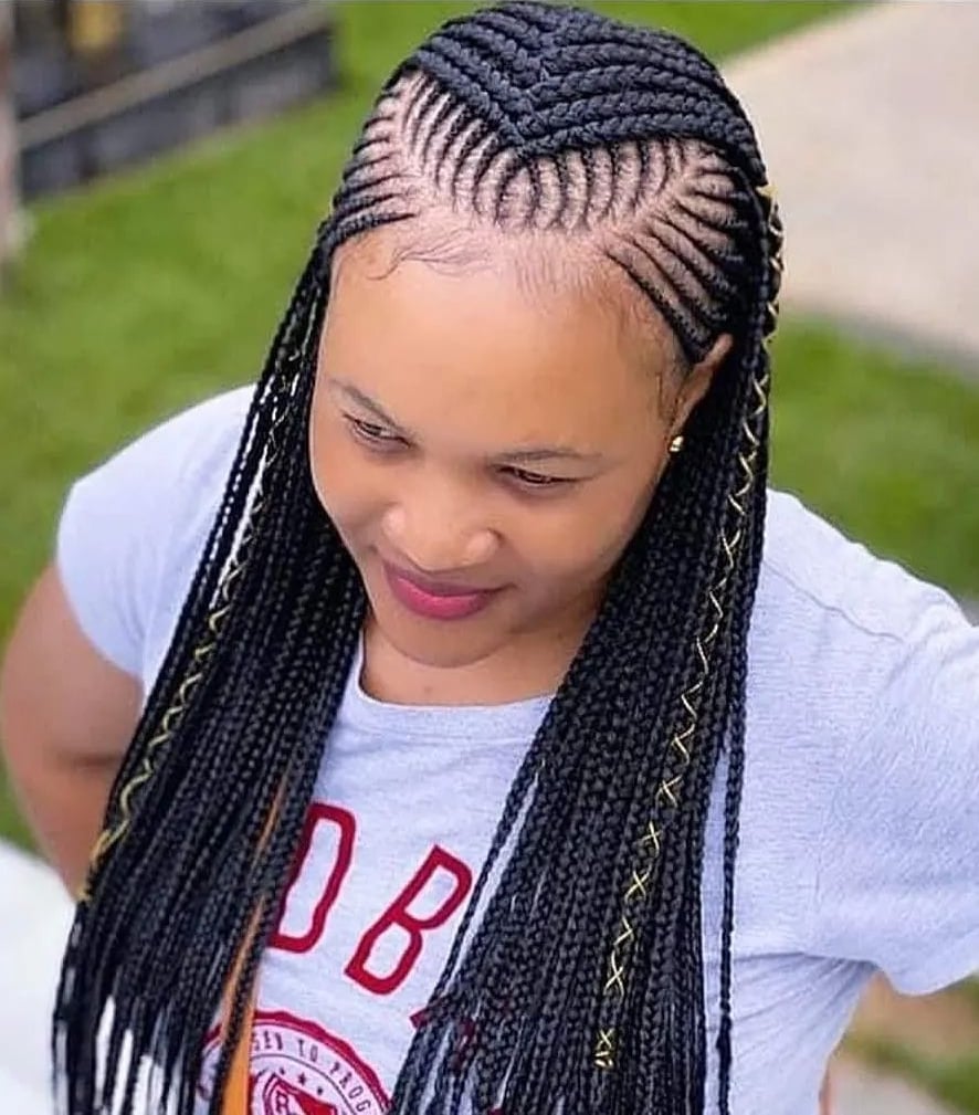 Mid-Back Cornrows With Heart Shape And Gold Accents Mid-Back Cornrows With Heart Shape And Gold Accents — Trendy Cornrows Braids for Black Women